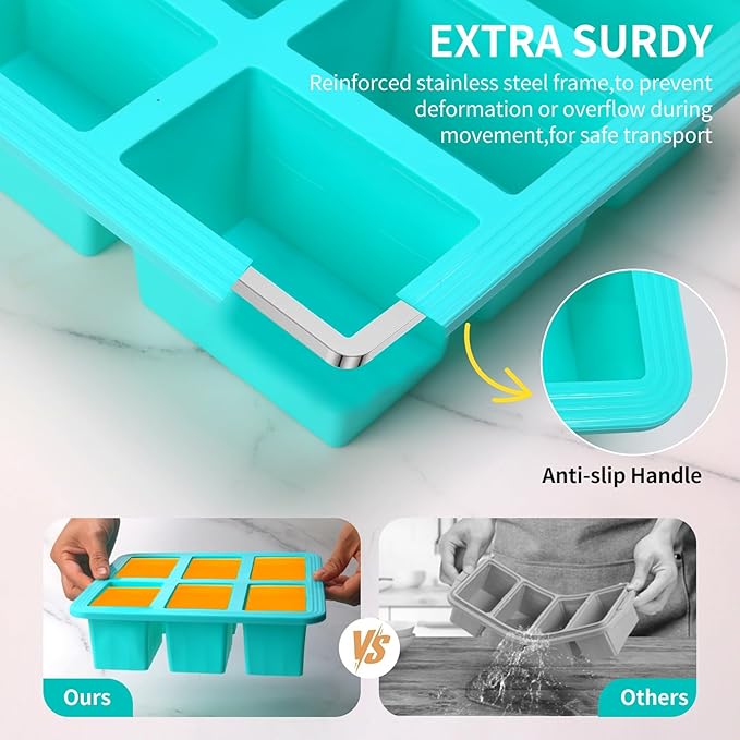 1 Cup Silicone Freezer Trays with Lid, 4 Pcs Ice Cube Freezer Molds, Silicone Ice Cube Tray, Easy Meal Prep, Silicone Mold for Soup and Food Storage(Aqua 4 Pack)