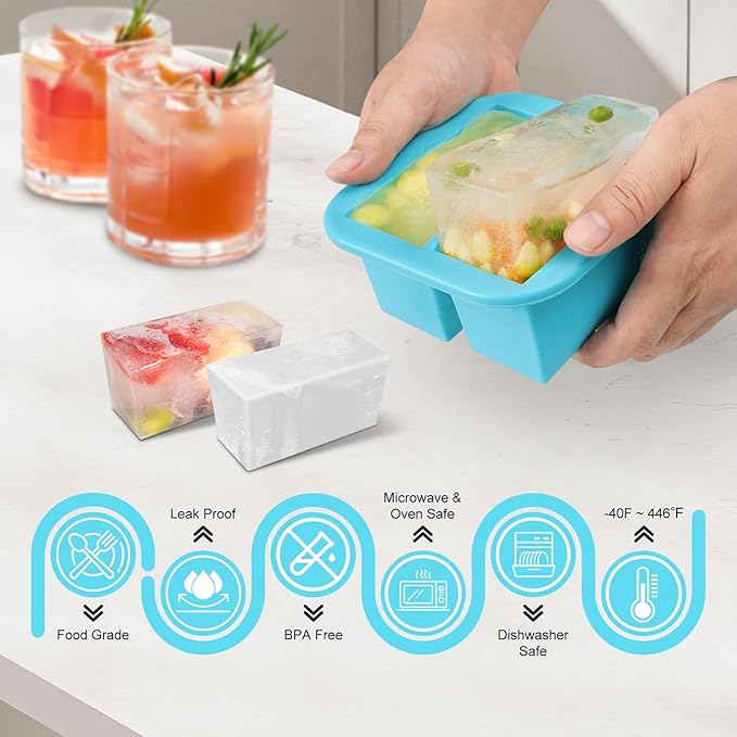 Silicone Freezer Tray with Lid 2 Pack Silicone Freezer Molds Ice Cube Tray Makes 4 Perfect 1 Cup Portions Soup Cubes Meal Prep Containers- Oven & Dishwasher Safe