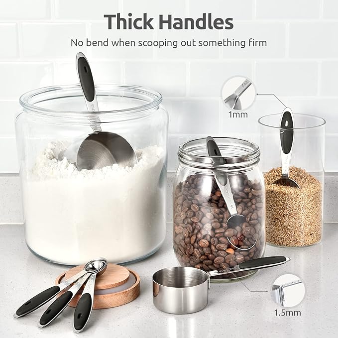 Measuring Cups and Spoons Set: U-Taste 18/8 Stainless Steel 12 Pieces Metal Stacking Kitchen Baking Cooking Food Measure Set 7 Cups 5 Spoons with Strengthened Weld Joints (Black, Upgraded Version)