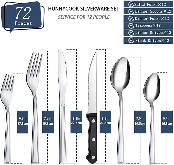 Hunnycook 72-Piece Silverware Set - Stainless Steel Silverware Set for 12, Include Fork Knife Spoon Set, Mirror Polished Flatware Set, Cutlery Set for Home Kitchen Restaurant, Dishwasher Safe