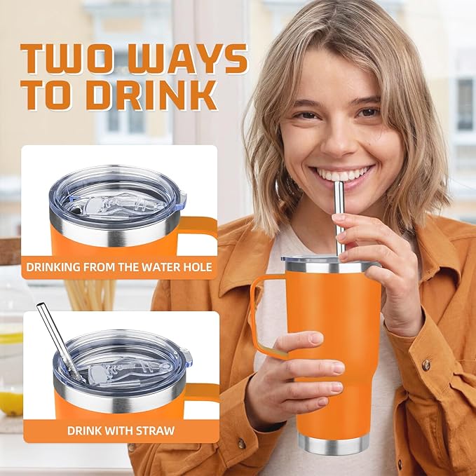20 oz Tumbler with Handle Stainless Steel Insulated Coffee Mug Tumbler with Lid and Straw Double Wall Vacuum Insulated Coffee Mug Leak Proof Travel Tumbler for Hot and Cold Drink (Orange,1pack)