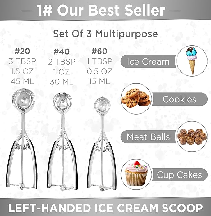 Lefty’s Left handed Ice Cream Scoop Set of 3 - #20, 40, 60 Portion Kitchen Tools - Great for Scooping & Portioning Cookies, Meatballs, Cupcakes - Gifts for Left-Handed, Lefty, Adults, Chefs and Women