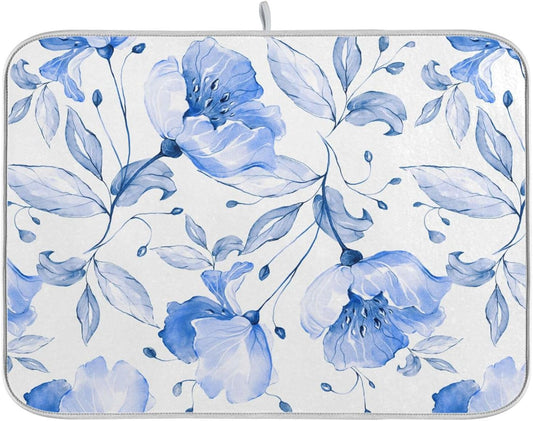 Spring Blue Flowers Leaves Dish Drying Mat for Kitchen Counter Absorbent Microfiber Drying Pad, Medium 16x18 in, Reversible Drainer Mats