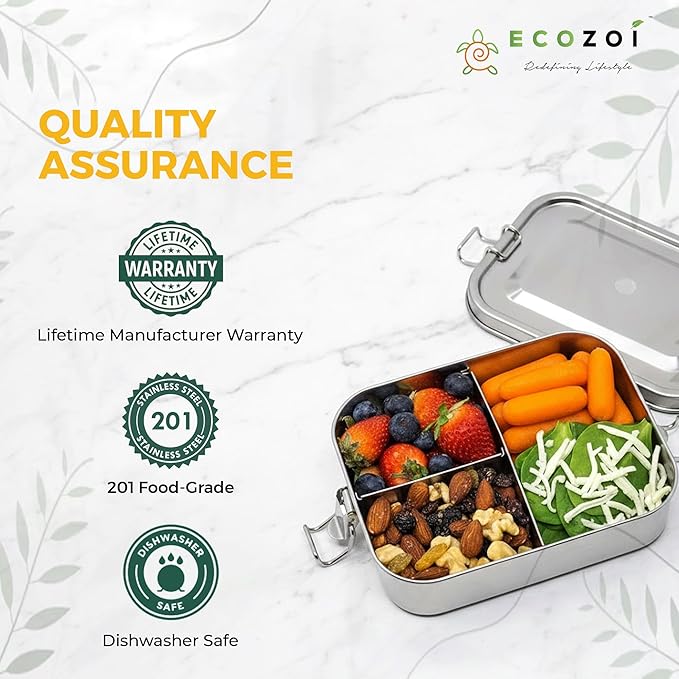 ecozoi Stainless Steel Lunch Box, 1-Tier Metal Bento Box Leak Proof with 5 Compartments, 50 Oz Metal Lunch Container, Meal Prep Food Container, with 50 ml Sauce Container