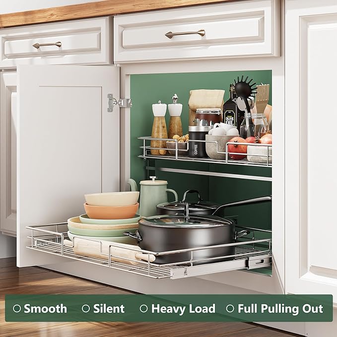 LOVMOR 2 Tier Individual Pull Out Cabinet Organizer 25½" W x 21½" D, Slide Out Kitchen Cabinet Storage Sliding Shelves