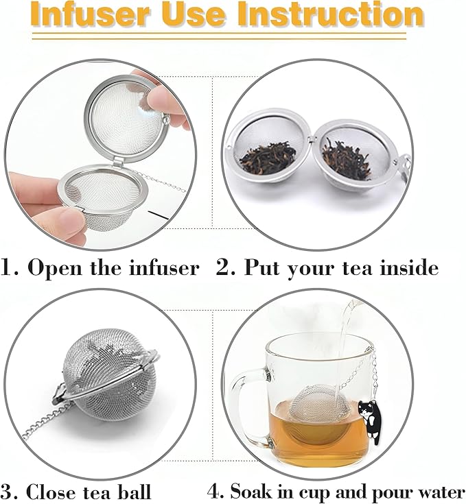 Cat Tea Infuser, 2 Pcs Cute Tea Diffuser Stainless Steel Mesh Loose Leaf Tea Infusers Tea Ball Strainers with Cat Pendants (Black&Orange Cats)