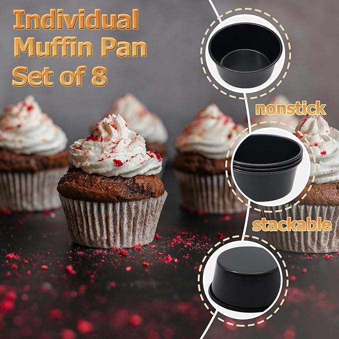 8PCS Nonstick Muffin Pans Carbon Steel Pudding Cups, Individual Cupcake Popove Pans for Baking Muffins, Cheese Pudding, Egg Tarts