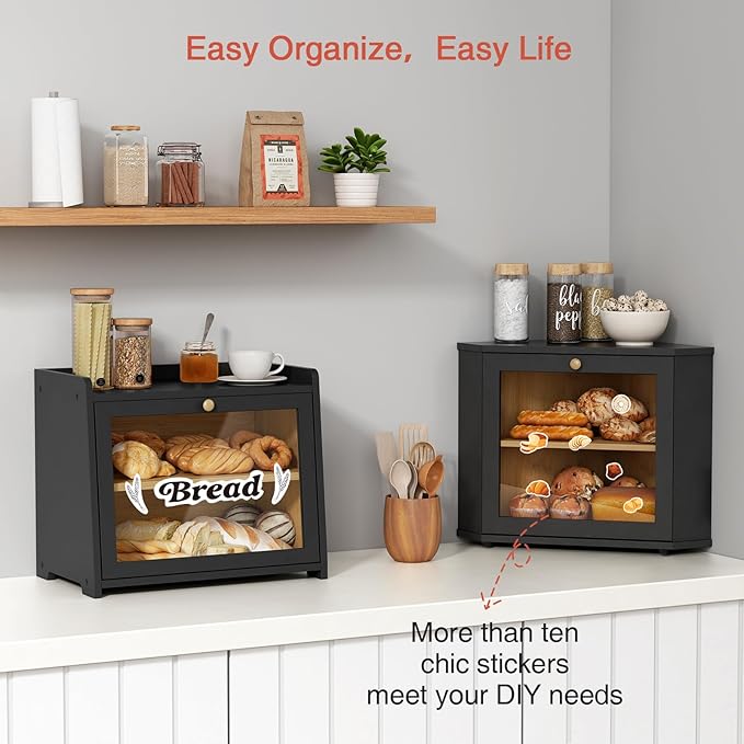 Goozii Corner Bread Box for Kitchen Countertop, Black Bread Storage Container for Homemade Bread, Two Layer Breadbox under Cabinet Mount, Large Bread Holder for Kitchen Counter, Pantry Shelf