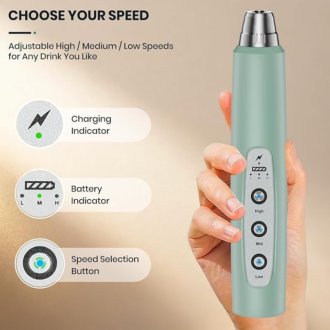 Colarlemo Milk Frother Handheld Rechargeable, Frother Wand Drink Mixer Electric Whisk for Coffee, Detachable With 3 Stainless Whisks, Hand Mixer for Lattes, Cappuccino, Matcha, No Stand, Sage Green