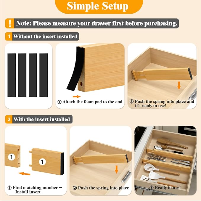 Bamboo Drawer Dividers,12-21" Adjustable Drawer Organizers for Clothes,Expandable Dresser Separators in Kitchen/Bedroom/Bathroom/Vanity/Office Organization and Storage,8-Pack