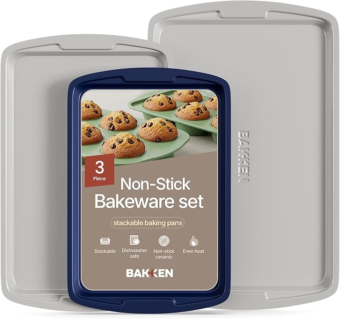 Bakken Swiss Cookie Sheet 3 Piece Set - Non-Stick, Stackable Baking Pans, Deluxe Ceramic Coating – Dishwasher Safe - for Home Baking