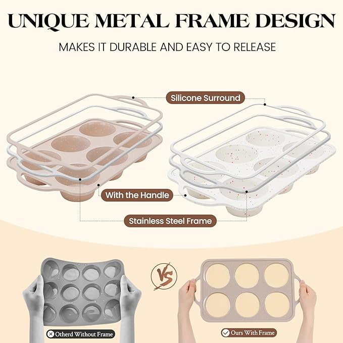 Vinino 2Pack Jumbo Silicone Muffin Pans for Baking with Metal Reinforced Frame, 6 Cups Large Size Nonstick Silicone Cupcake Pan, BPA Free Oven Dishwasher Safe Baking Mold for Muffins Cupcakes