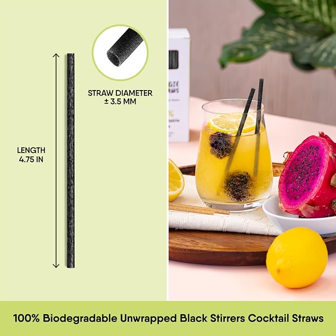 The Veggie Straws – 450 PCS of 4.75 Inches Unwrapped Black Biodegradable Drink Stirrers – Made of Vegetable Fibers, Best Cocktail Stirrers for Drinks of All Kinds