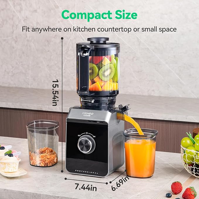 Cold Press Juicer, ORMEO HOME Masticating Juicer Machines with 5.5" Large Feed Chute Fit Whole Vegetables & Fruits, with Pulp Seperation 99.6% Juice Purity, Quiet Motor Easy to Clean BPA Free