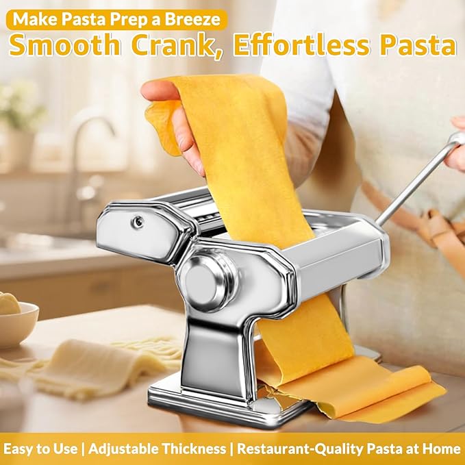 Pasta Maker with 7 Thickness Settings Roller, 2-in-1 Cutter, Hand Crank and Table Clamp, Stainless Steel Manual Pasta Machine for Spaghetti, Fettuccine, Lasagna, Ravioli