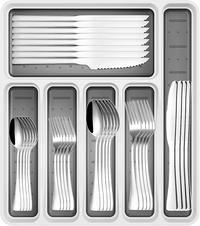 49-Piece Stainless Steel Silverware Set with Cutlery Organizer, Service for 8 with Steak Knives and Kitchen Utensils