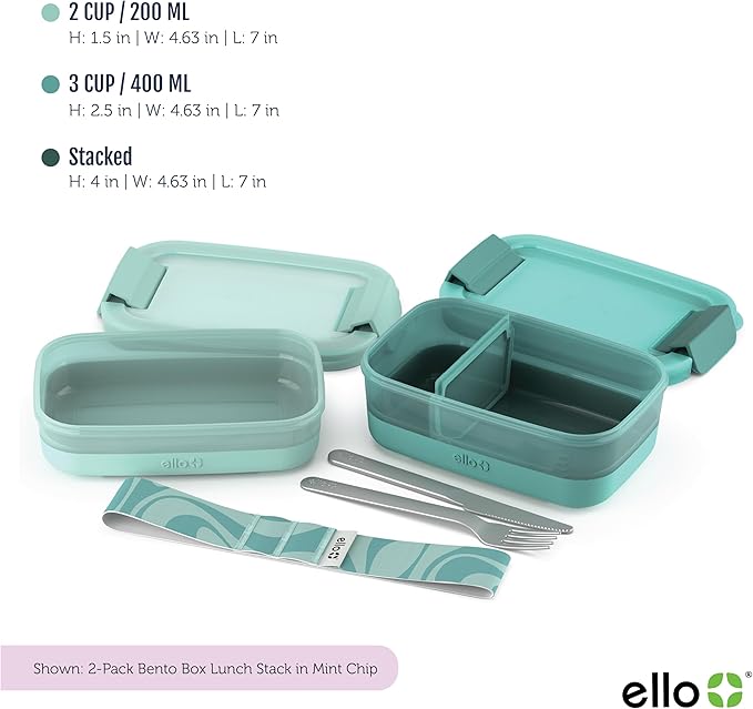 Ello 2-Pack Lunch Stack Plastic Food Storage Container Bento Box with Airtight, Leak-Proof Locking Plastic Lids and Silicone Base, BPA-Free, Freezer, Microwave, and Dishwasher Safe, Mint Chip