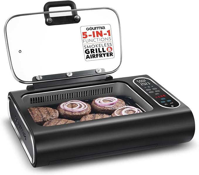 Gourmia Smokeless Indoor Grill & Air Fryer raclette grill with Smoke Extracting Technology for indoor grill Extra-Large Nonstick Cooking electric grill indoor Korean BBQ Style 6 Quart FoodStation™