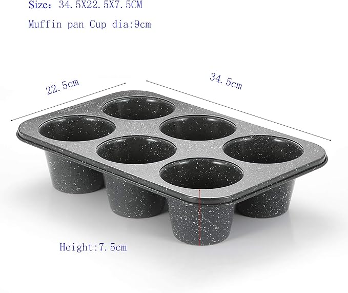 Monfish Jumbo Deep Muffin pan 6 cup large cupcake pan gray granite finish Carbon steel muffin tin 3.5x3inch cup (deep 6 cup)