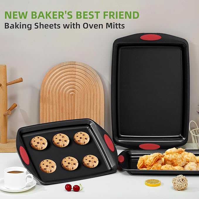 5-Piece Nonstick Baking Pans Set - Premium Carbon Steel Bakeware with PFOA/PFOS/PTFE-Free Coating, Red Silicone Handles (Black Red)