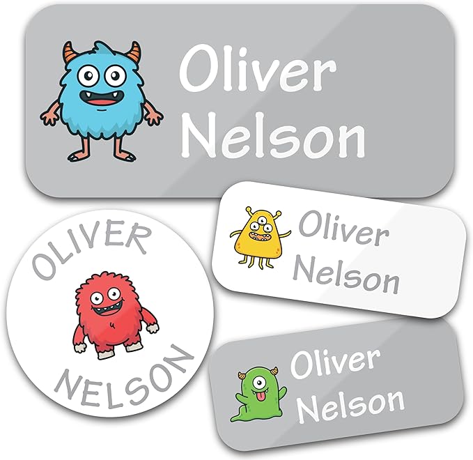 Personalized Daycare Name Labels for Kids (130 Labels) - Custom Waterproof Name Stickers for Clothing Tags, Water Bottles, Lunch Boxes and School Supplies (Monsters)