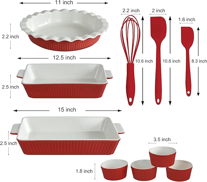 GOURMETEDGE 10-Piece Stackable Ceramic Bakeware Set - Ideal Mother's Day Gift, Non-Toxic Non-Stick Oven Safe, PFOA & PFOS Free, Includes Baking Dishes, Pie Plate, Ramekins & Silicone Tools (Red)