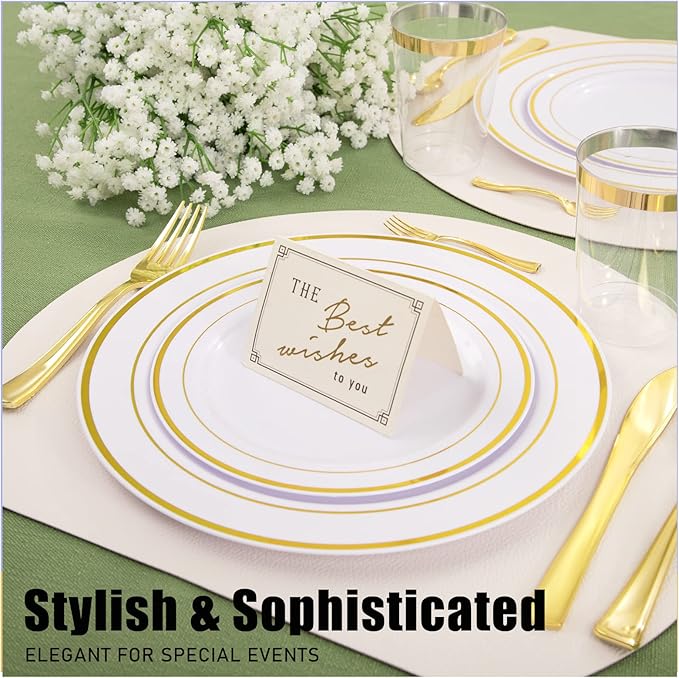 WDF300 Pieces Gold Plastic Silverware - Heavy Duty Disposable Cutlery Set Plastic Gold Silverware Set Includes 100 Forks, 100 Spoons, 100 Knives for Party/Thanksgiving