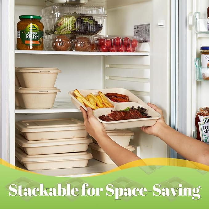 [100% Eco-Friendly] 3 Part Compartment Disposable Food Containers with Lids - Sugarcane Pulp Take Out Boxes, Biodegradable, Compostable, Microwave Safe Lunch Containers - Pack of 50 (Large)