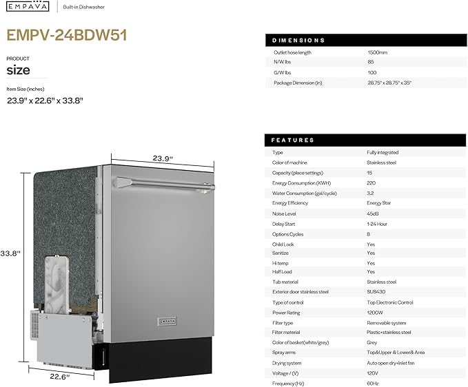 Empava 24 Inch Dishwasher Built in, 15 Place Settings, Triple Spray Arms, Dual-Dry System, Stainless Steel Interior, 45 dB Ultra Quiet, Energy Star Certified