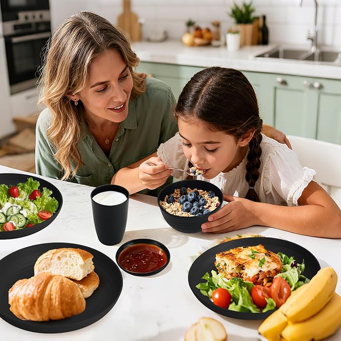 Wheat Straw Dinnerware Sets 16 PCS, Unbreakable Kids Plates and Bowls for 4-9 IN Plates, 26 OZ Cereal Bowls, 2 OZ Dipping Bowl, 12 OZ Cups, Dishwasher & Microwave Safe Plate Set - Black