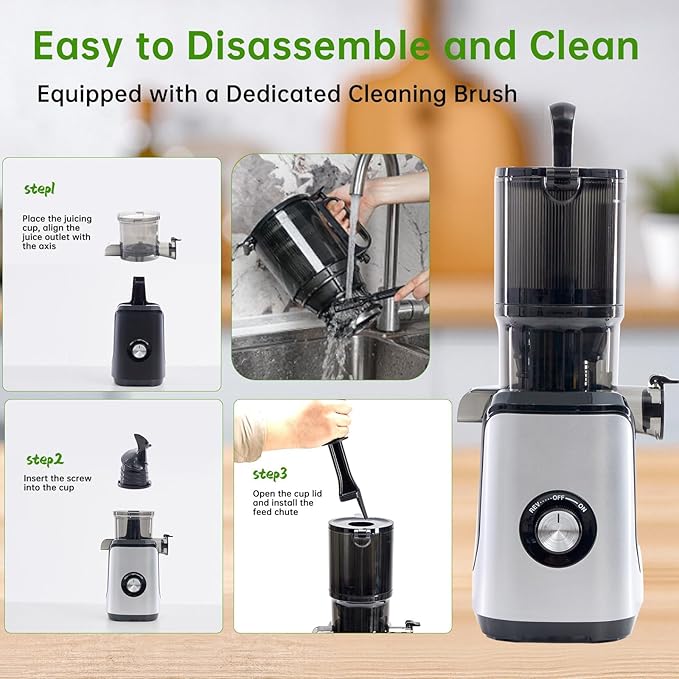Cold Press Juicer, 92% High Nutrient Retention Slow Masticating Juicer with Wide 4.25" Chute & Reverse Function, Low Heat Oxidation, Easy Clean Quiet Motor, Silver