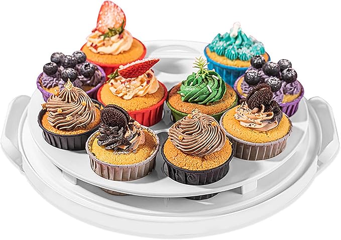 Yesland Cake Carrier with Collapsible Handle - White Cake Container and Holder with Lid - Portable Plastic Round Cake Cover for 10 inch Cake, Pies, Cookies, Nuts, Muffins, Cupcakes and Fruit