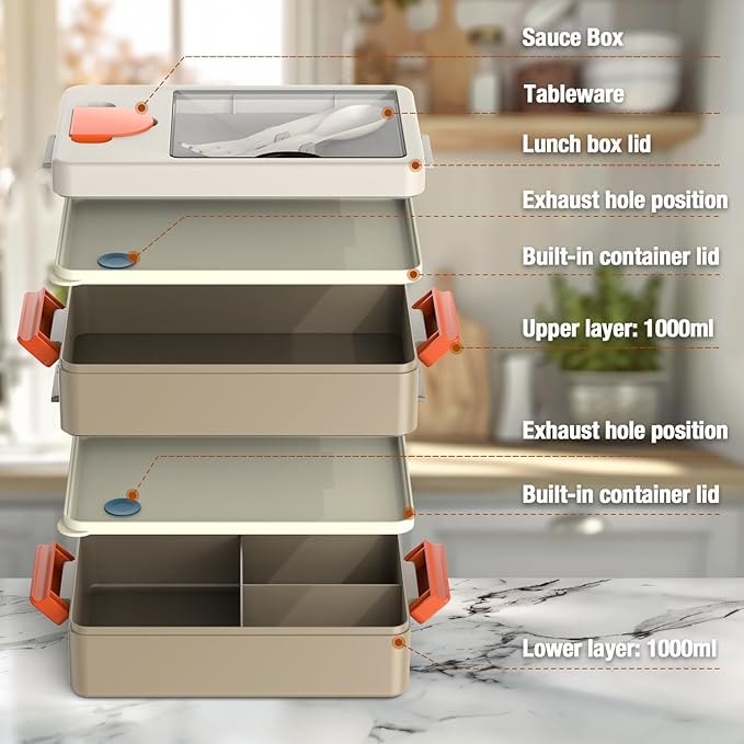 Sitlais Adult Lunch Box – Bento Box & Lunch Containers for Adults, Stackable, Leakproof, Microwave Safe, Portable Lunchbox for Work, Travel, Meal Prep, Durable & Easy to Carry (Khaki)