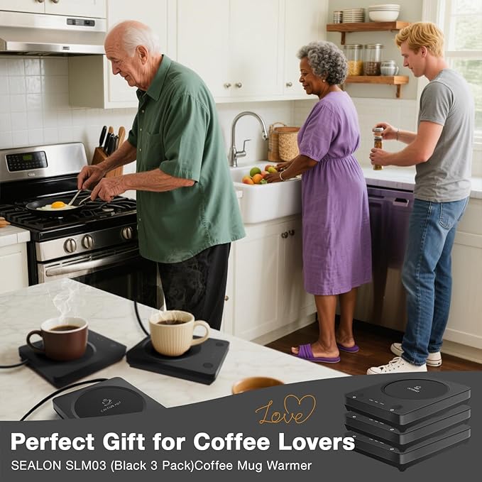 SEALON SLM03 Electric Coffee Mug Warmer (Black, 3 Pack) - 3-Temperature Desk Cup Warmer with Auto Shut-Off (4 Hours) for Heating Coffee, Tea, Milk & Beverages