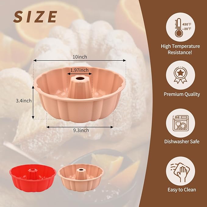 PADELE 2 Pack Silicone Cake Pan Nonstick,10 Inch, Silicone Cake Molds,Pound Pan, Baking Cake Pan for Jello,Gelatin,Cake,Brownie and Bread (Red+Pink)