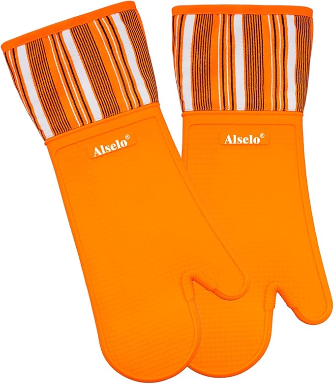 Alselo Oven Mitts Heat Resistant Silicone Kitchen Gloves for 550 Degrees with Waterproof and Non-Silp, Oven Gloves for Baking Cooking Barbecue Microwave Machine Washable (Extra Long Orange, 2)
