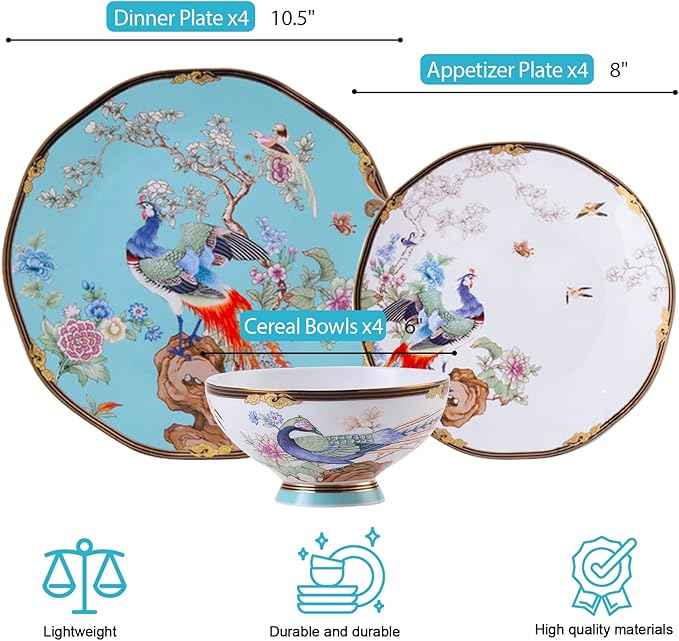 ACMLIFE Bone China Dinnerware Set, Vintage Floral Fine China Dinnerware Sets, Porcelain Dinnerware Sets for 4, Light Blue 12 Piece Fine China Set Lightweight Dinnerware Set for Gifts (Blue)