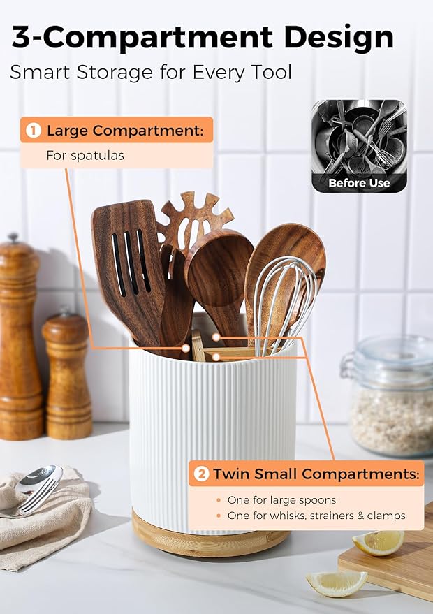 LoeJan 7.5" Utensil Holder, 3 Compartment Ceramic Kitchen Utensil Holder with Cork Bottom, Large Utensil Crock for Countertop, Cooking Tool Organizer Set for Kitchen Counter(White,Vertical Stripe)