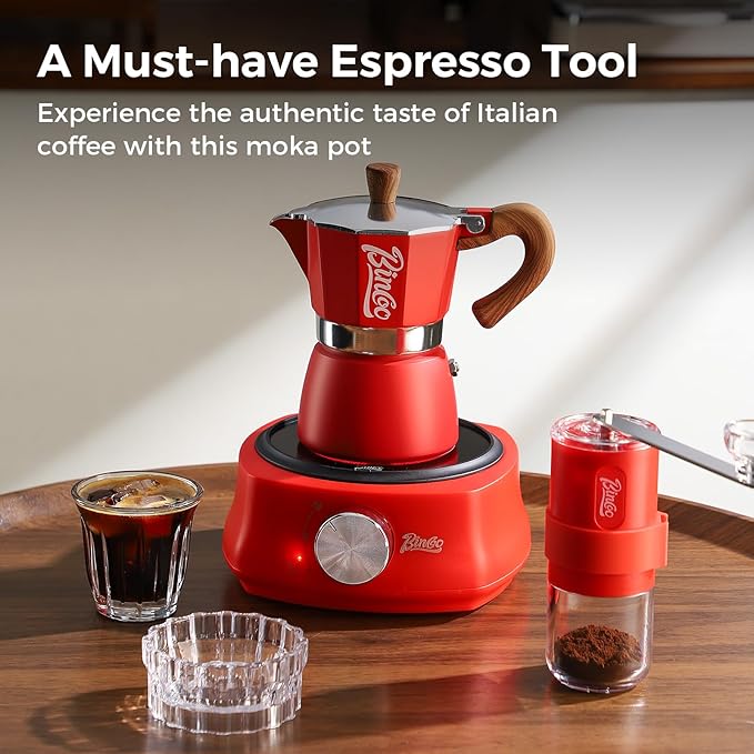 Bincoo Espresso Maker Stovetop, Moka Pot 3 Cups, Espresso Pot Classic Italian Coffee Maker,Single Safety Valve (Red, 3 Cup)