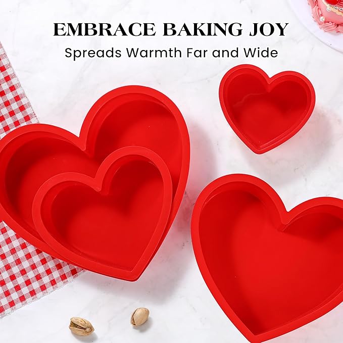 3 Pcs Silicone Heart Shaped Cake Pans 10 Inch 8 Inch 6 Inch Mini Small Large Heart Cake Pan Set Nonstick Silicone Heart Molds for Baking (Red)