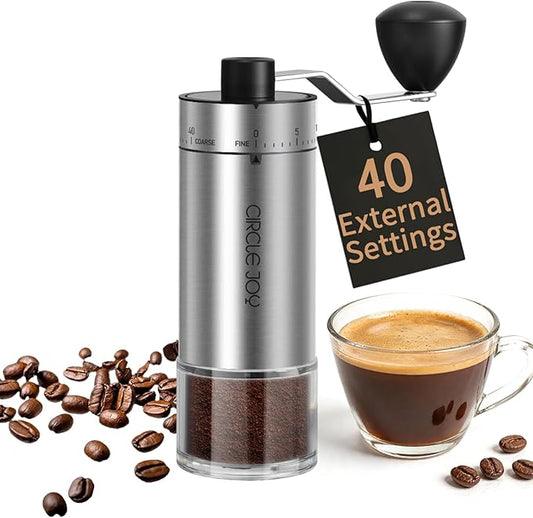 CIRCLE JOY Mini Manual Coffee Grinder with 40 External Adjustable Settings and Ceramic Conical Burr, Portable Stainless Steel Hand Coffee Grinder for Home and Travel