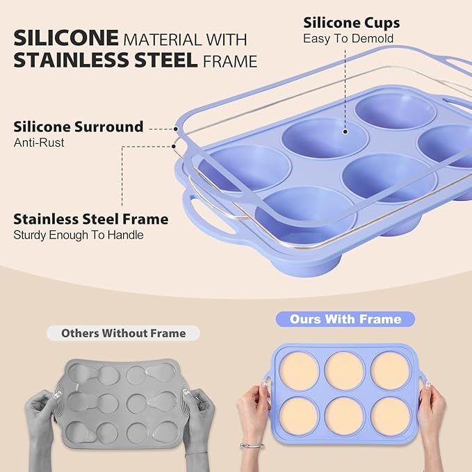 Jumbo Silicone Muffin Pan with Metal Frame, Non Stick Silicone Cupcake Pan with Handles 6 Cup, BPA Free Silicon Muffin Tin Tray Extra Large for baking, egg bites, Cupcake Mold Blue