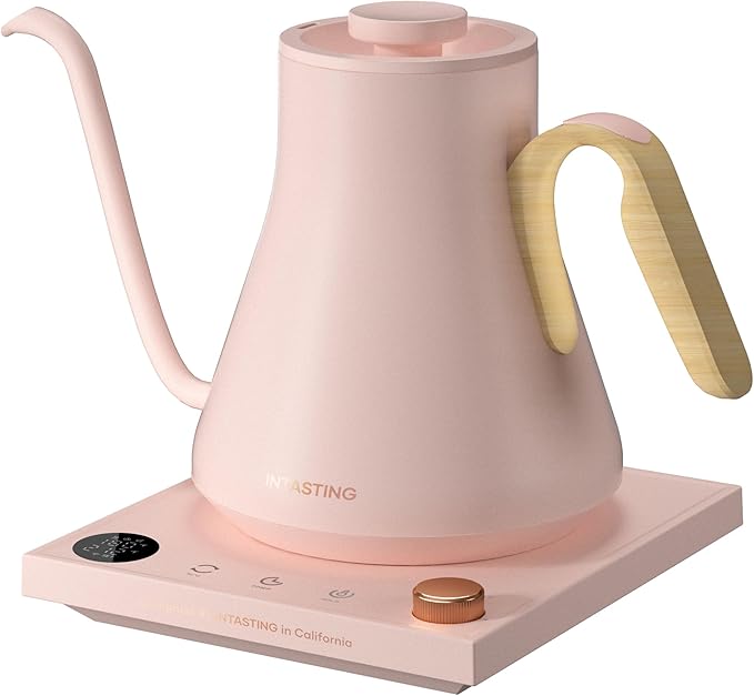 INTASTING Electric Kettle, Gooseneck Electric Kettle, ±1℉ Precise Temperature Control, Stainless Steel Interior, Quick Heating for Pour Over Coffee, Tea & Boiling Water, 0.9L (Pink)