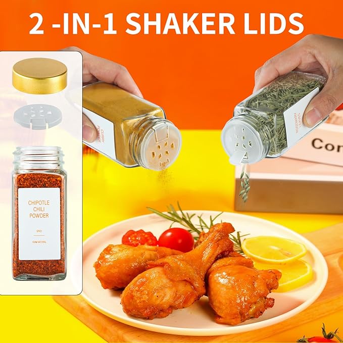 Gold Spice Jars with Label，4oz Seasoning Containers, Glass Spice Bottles with Shaker Lids,Funnel, Chalk Pen for Cabinet，Drawer，Rack (48)