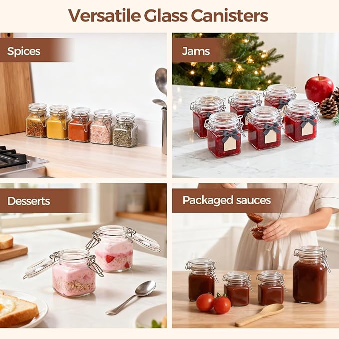 ComSaf Set of 12 Square Glass Spice Jars with Airtight Lids (4 Oz), Mini Favor Jars with Wire Clamp for Honey, Herbs & Farmhouse Kitchen Pantry Organization, with Funnel & Labels