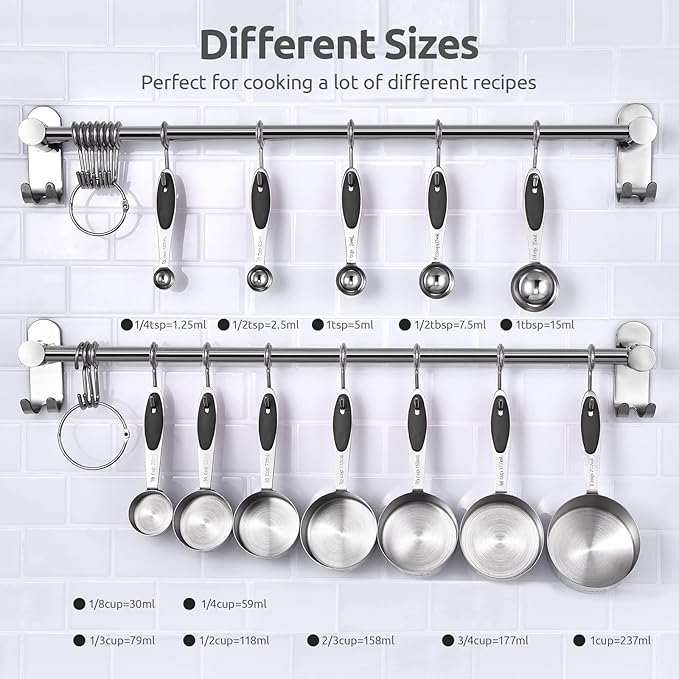 U-Taste Measuring Cups Spoons Set: 18/8 Stainless Steel 12 Pieces Stacking Kitchen Baking Cooking Food Measure Scoop Set, 7 Cups & 5 Spoons with Strengthened Weld Joints (Black, Upgraded Version)