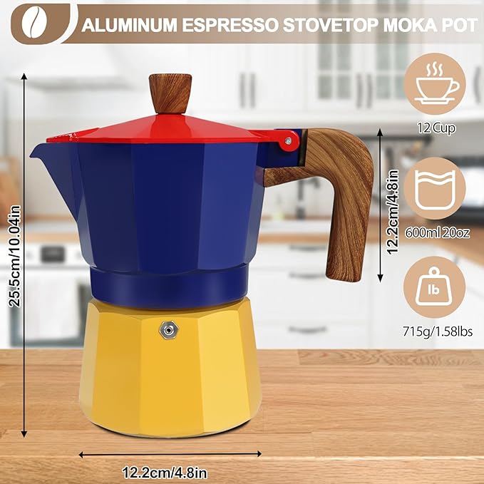 Aluminum 12 Cup 600ml Moka Pot Express Coffee Maker Stovetop Espresso Colorful Coffeemaker Italian Classic Style Brewing Greca Cafe Mocha Machine for Cafeteras Lover Camping Travel and Home Use 20oz