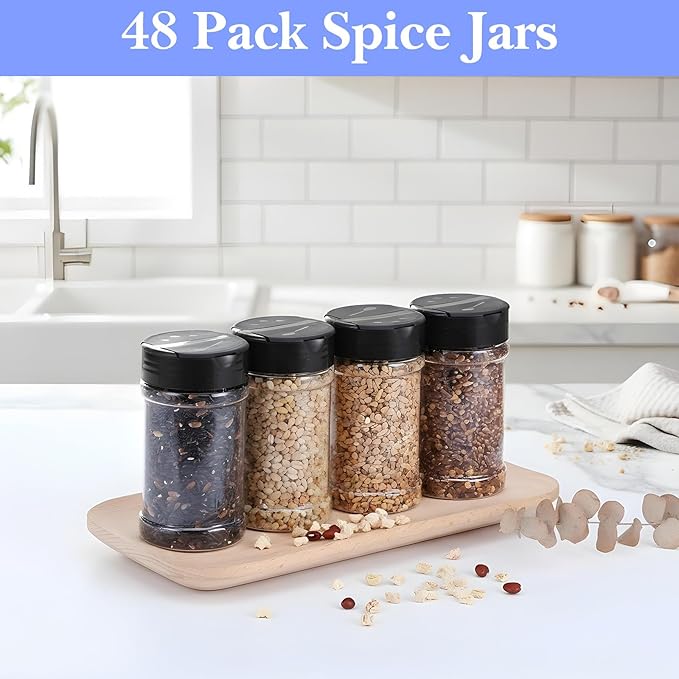 48 Pack 6 Oz Plastic Spice Jars with Shaker Lids, Clear Empty Seasoning Containers, BPA-Free PET Spice Bottles for Powders & Dry Goods