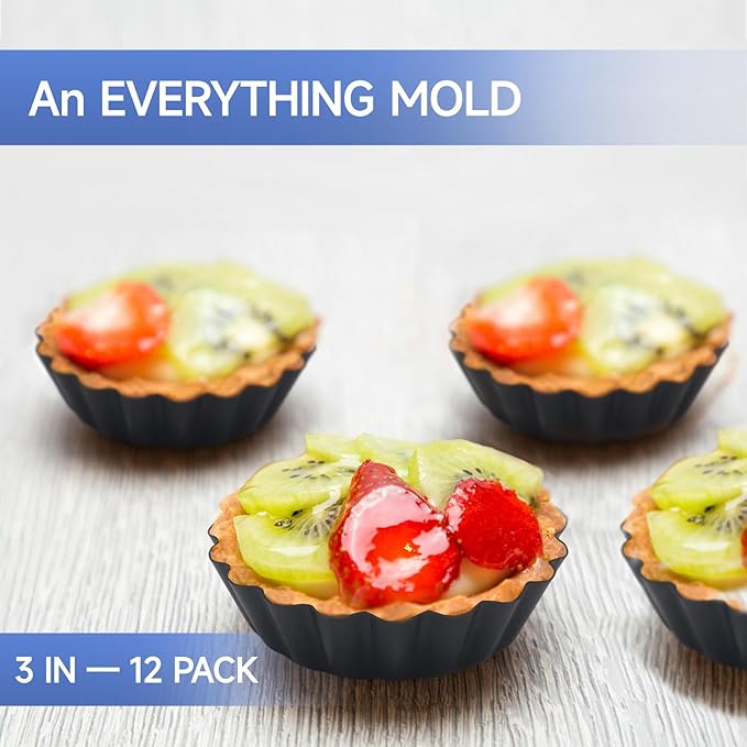 12PCS Egg Tart Molds with Removable Bottom, 3 Inch Mini Quiche Pans Nonstick Fluted Tart Pans with Silicone Basting Pastry Brush for Pie, Quiches, Tartlets