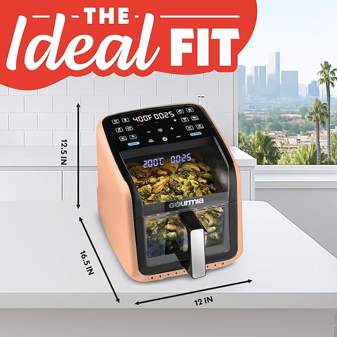 Gourmia Air Fryer 7 QT - Easy View Panorama Window & Interior Light, Guided Cooking with 12 One-Touch Presets, FryForce 360, Dishwasher Safe Accessories, Peach